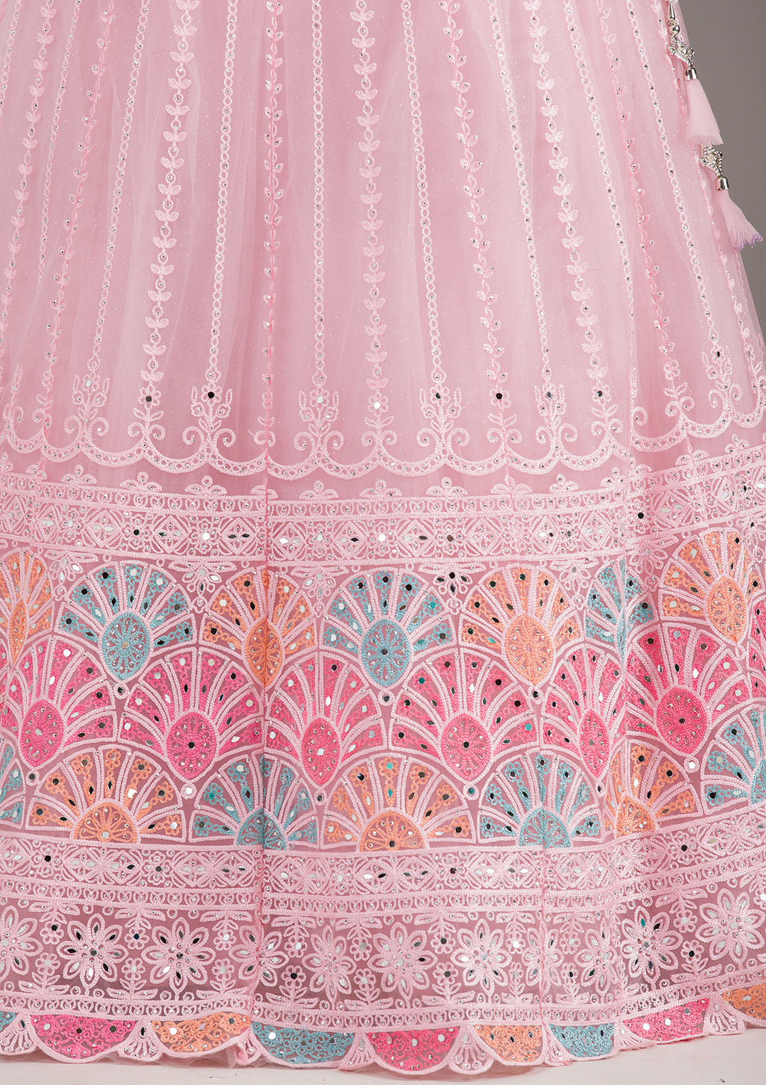 Baby Pink Silver Zariwork Net Readymade Lehenga
