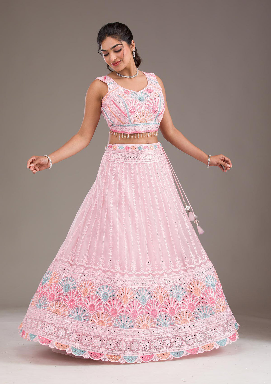 Baby Pink Silver Zariwork Net Readymade Lehenga