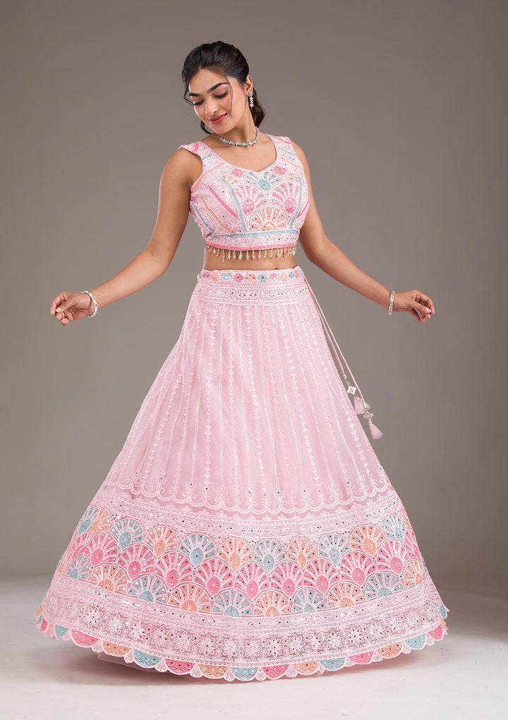 Baby Pink Silver Zariwork Net Readymade Lehenga