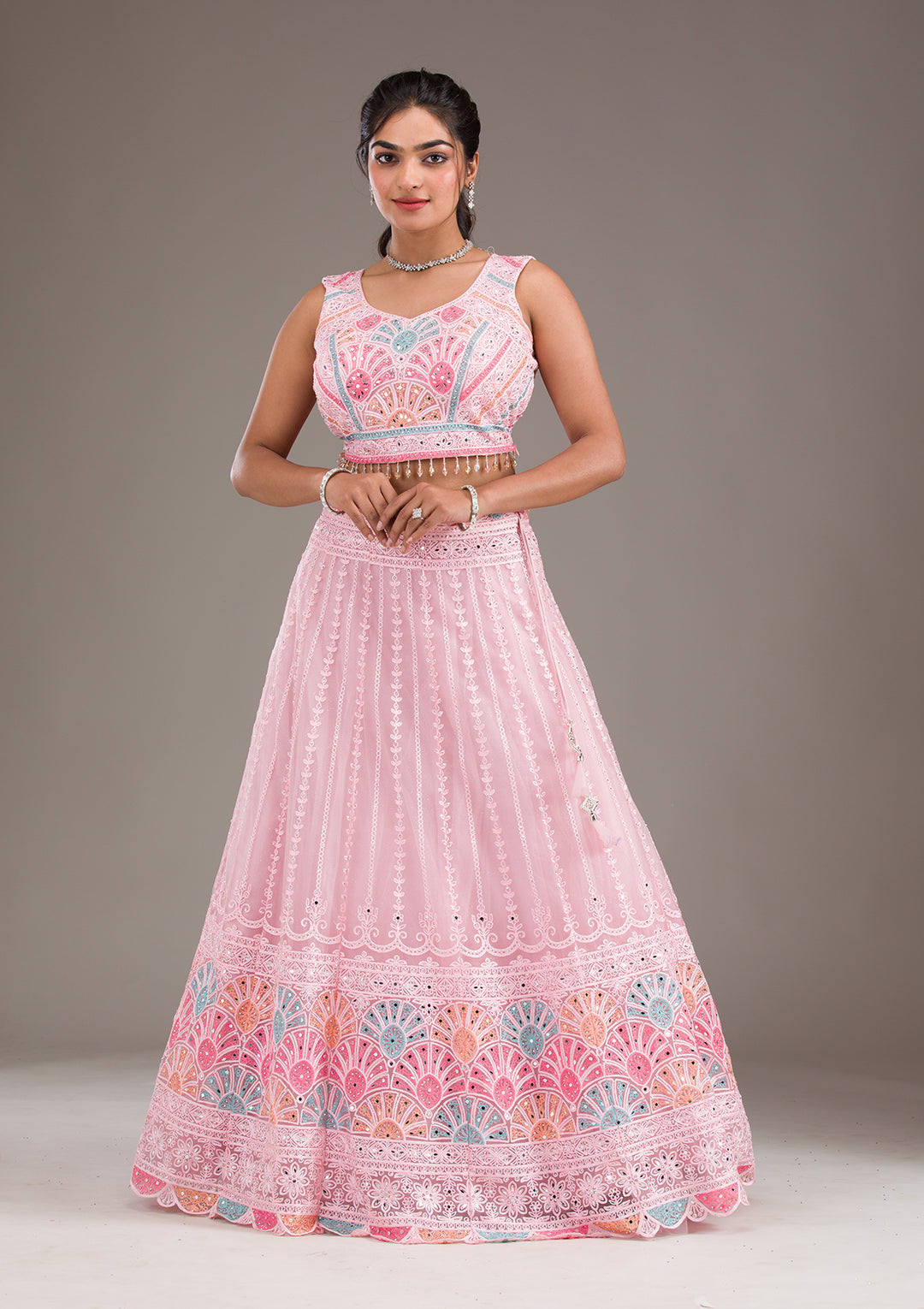 Baby Pink Silver Zariwork Net Readymade Lehenga