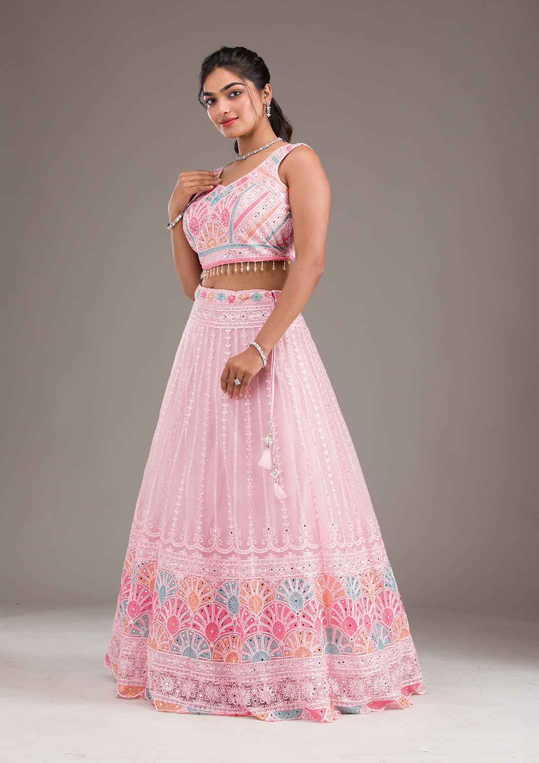 Baby Pink Silver Zariwork Net Readymade Lehenga
