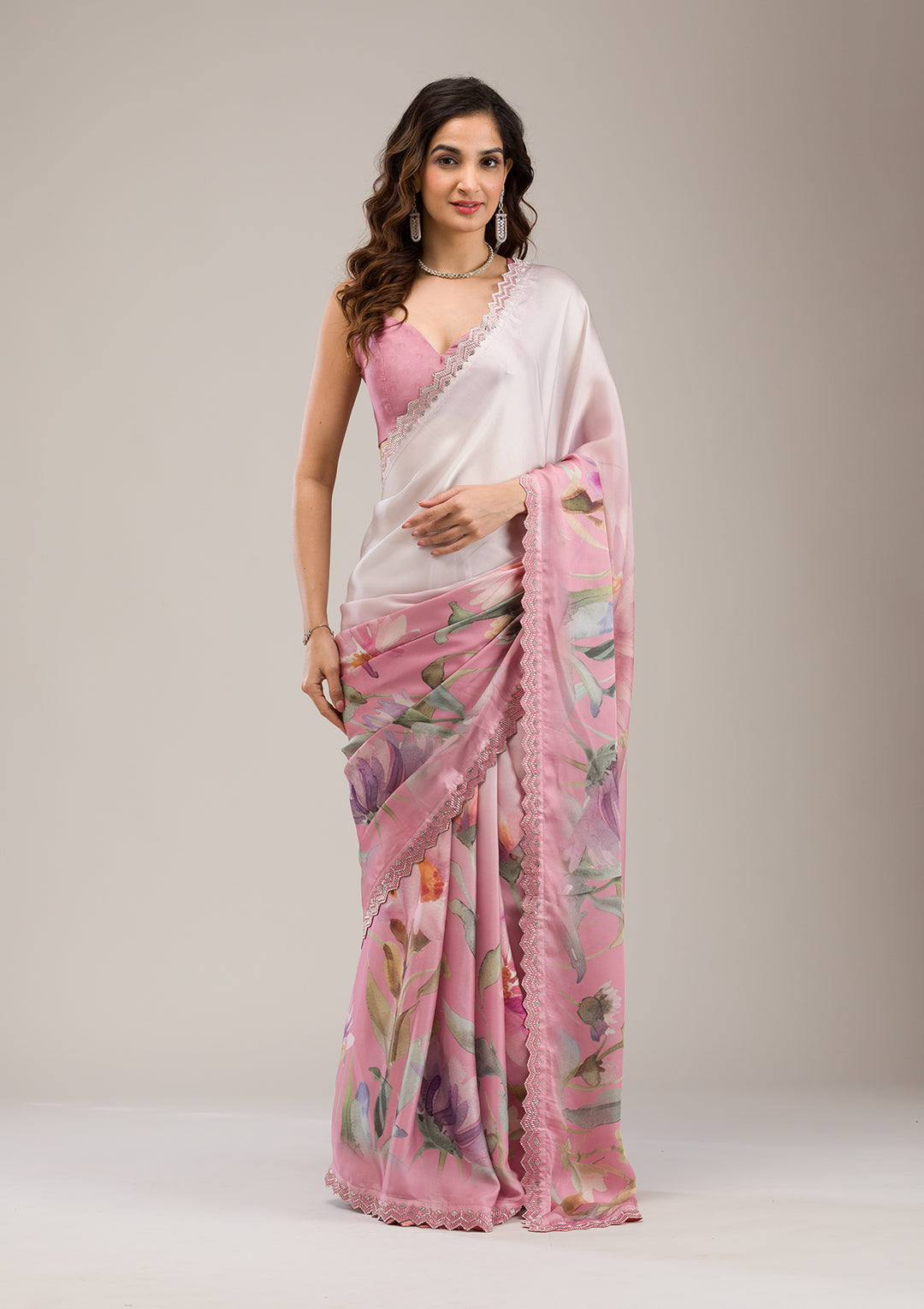 Baby Pink Stonework Satin Saree