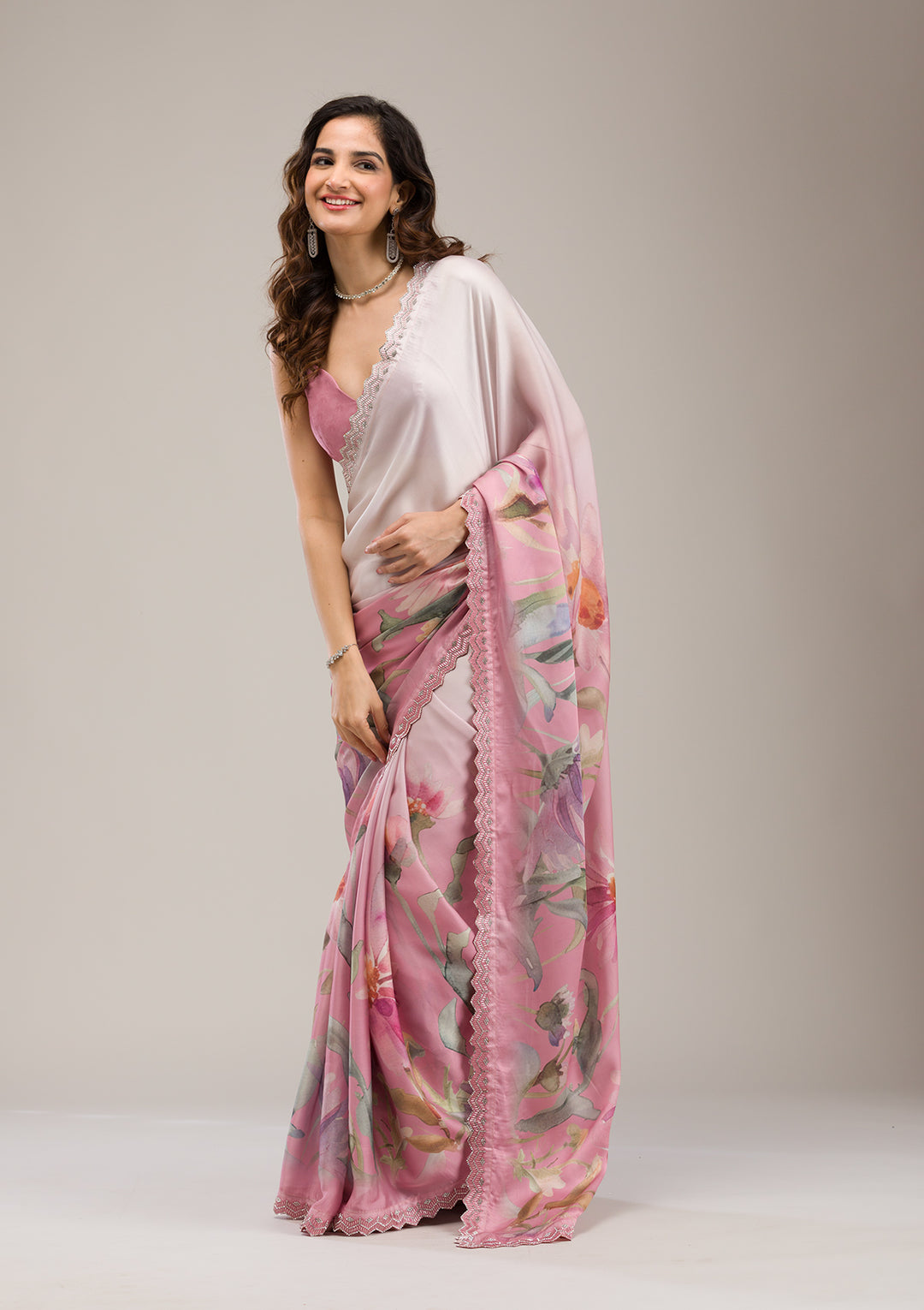 Baby Pink Stonework Satin Saree