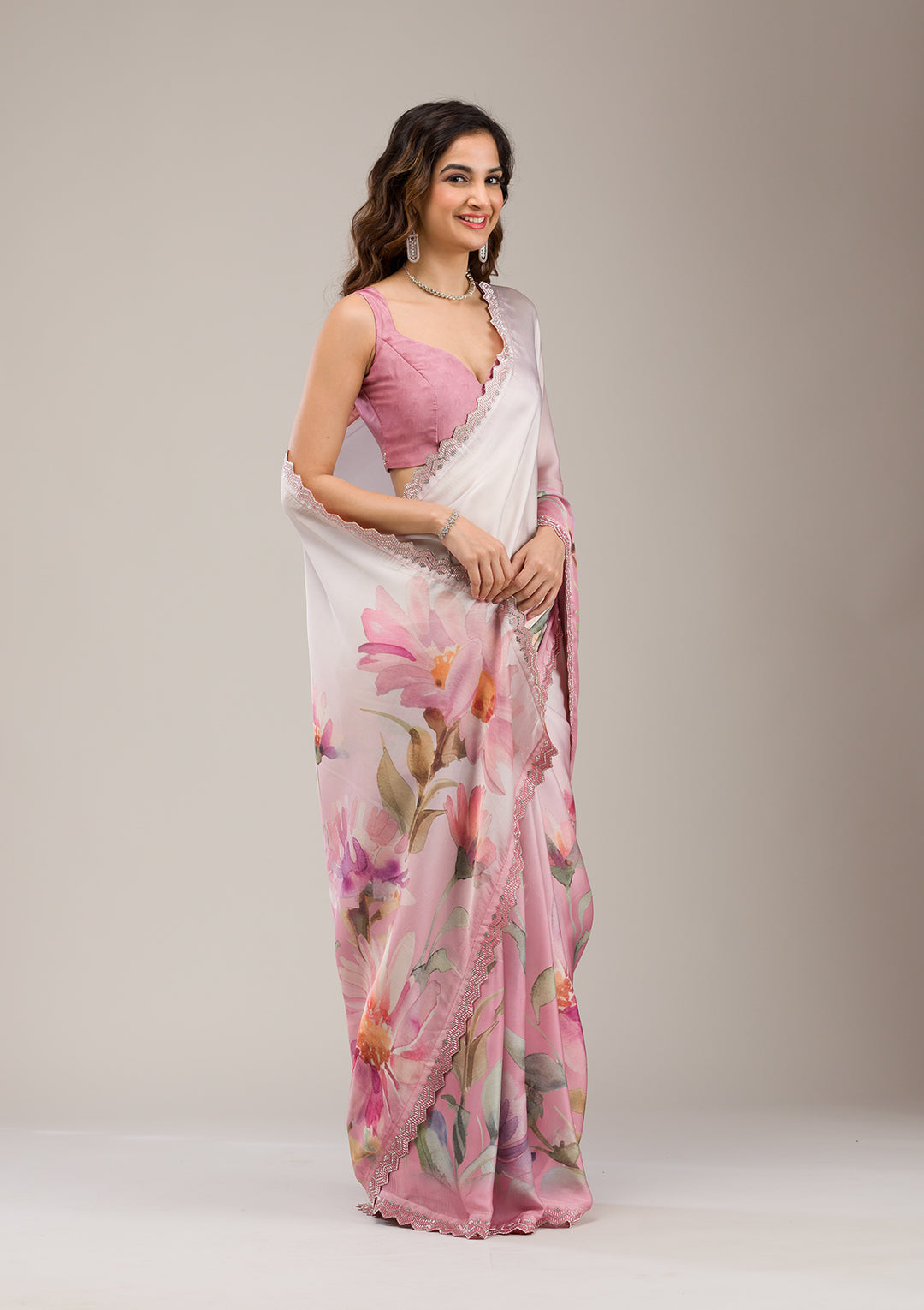 Baby Pink Stonework Satin Saree