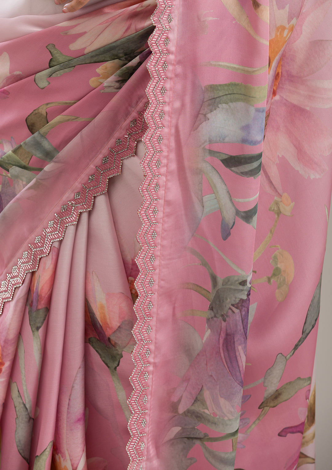 Baby Pink Stonework Satin Saree
