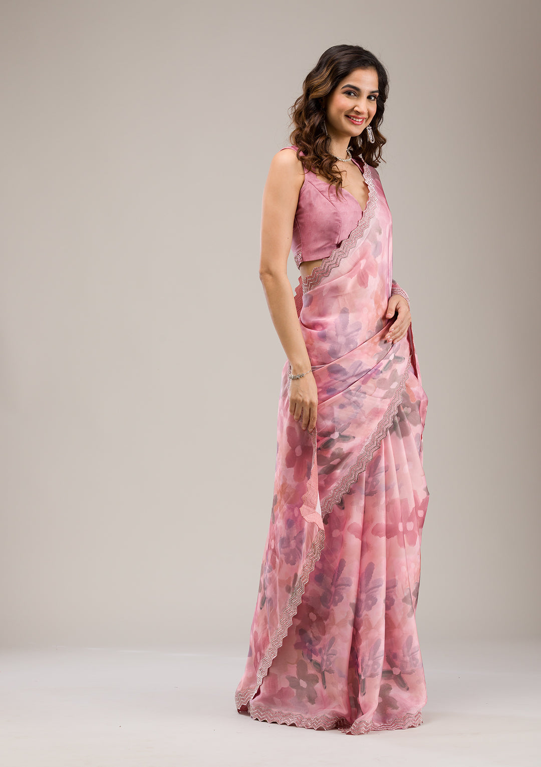 Baby Pink Stonework Satin Saree
