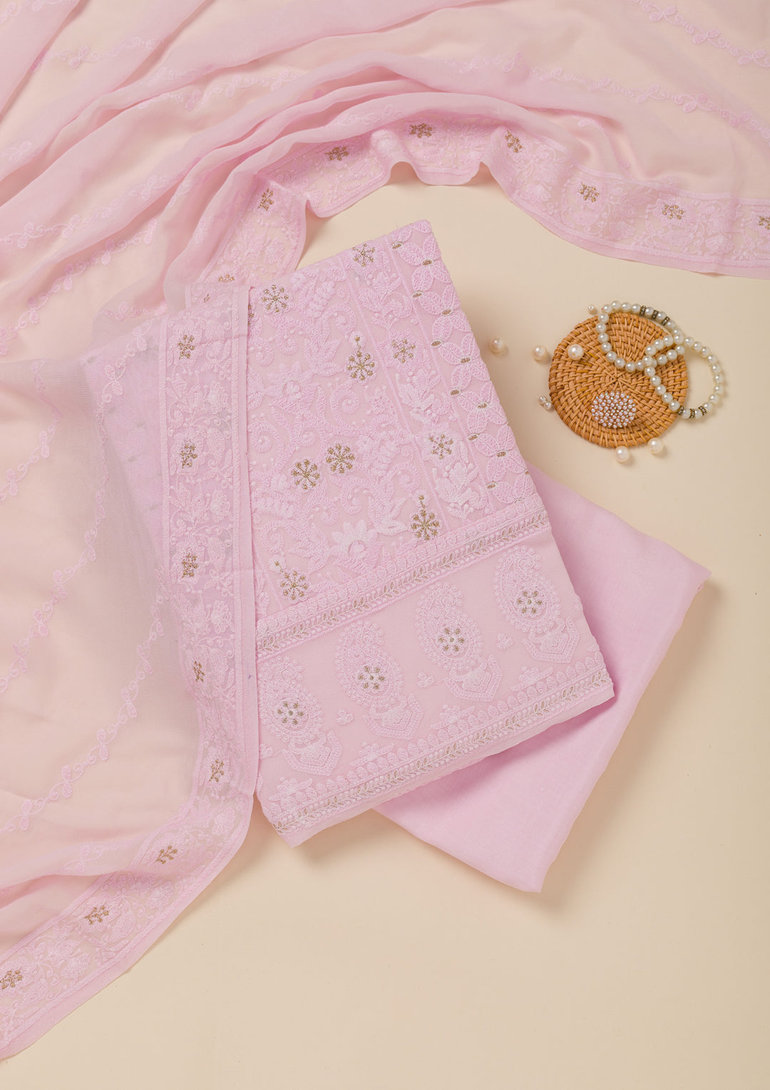 Baby Pink Threadwork Georgette Unstitched Salwar Suit