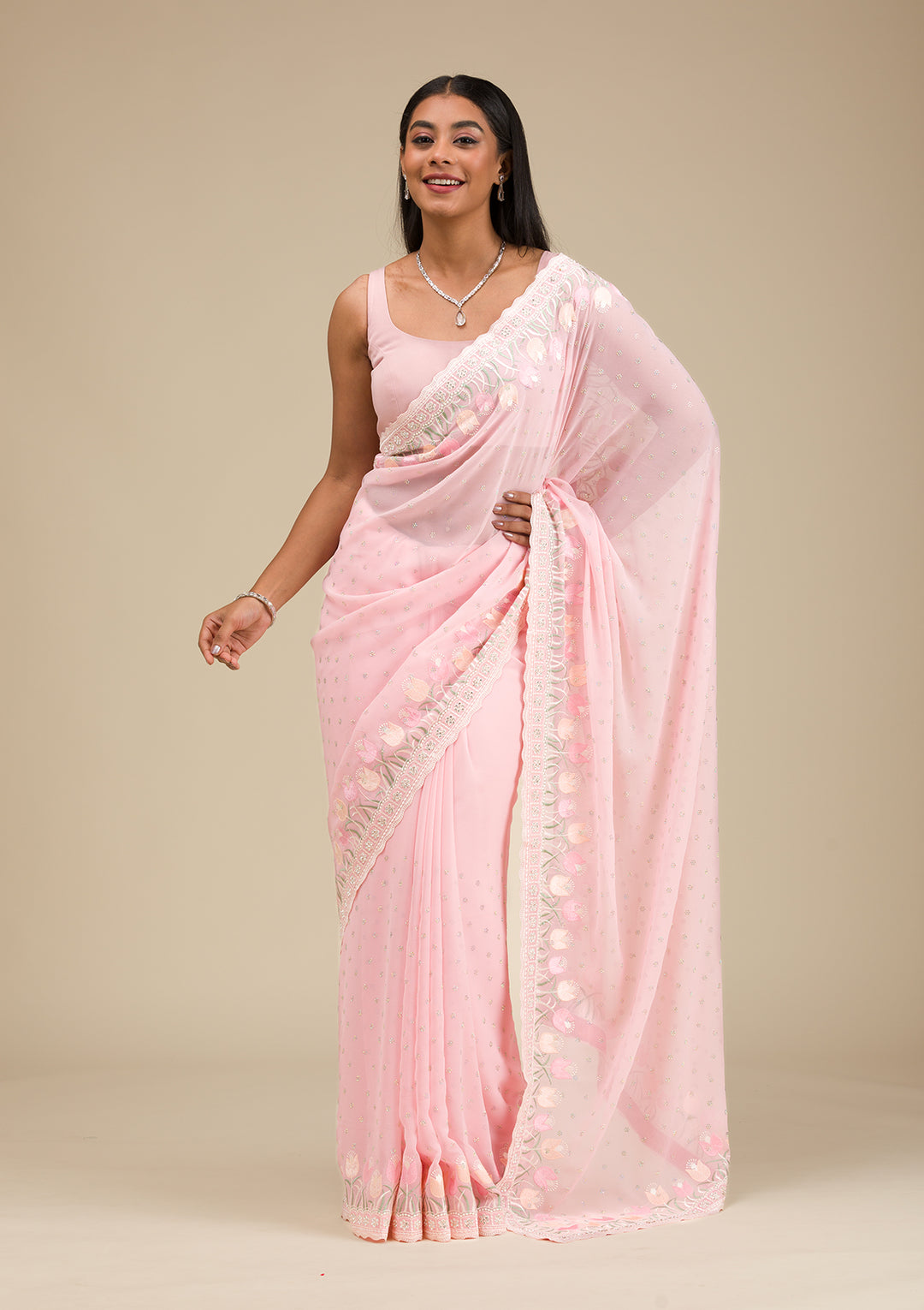 Baby Pink Threadwork Georgette Saree