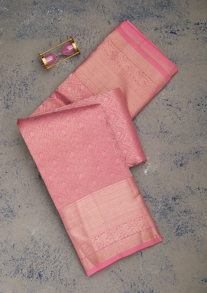 Baby Pink Silk Jaal Gold Zariwork Saree With Matching Blouse Piece