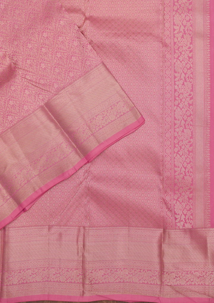 Baby Pink Silk Jaal Gold Zariwork Saree With Matching Blouse Piece