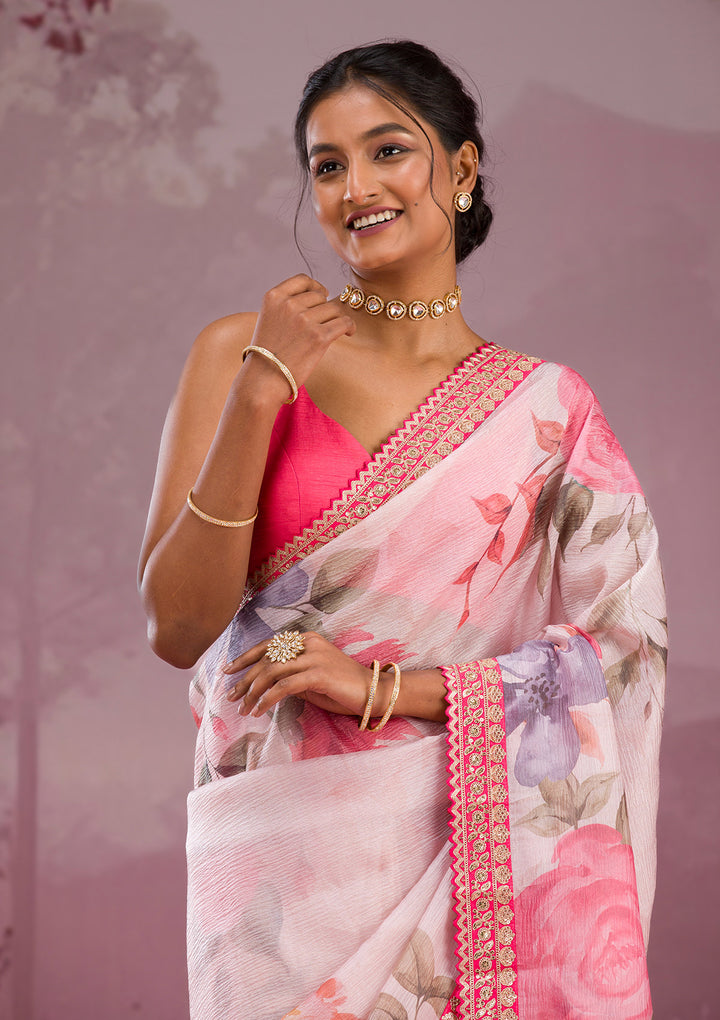 Cream Printed Georgette Saree