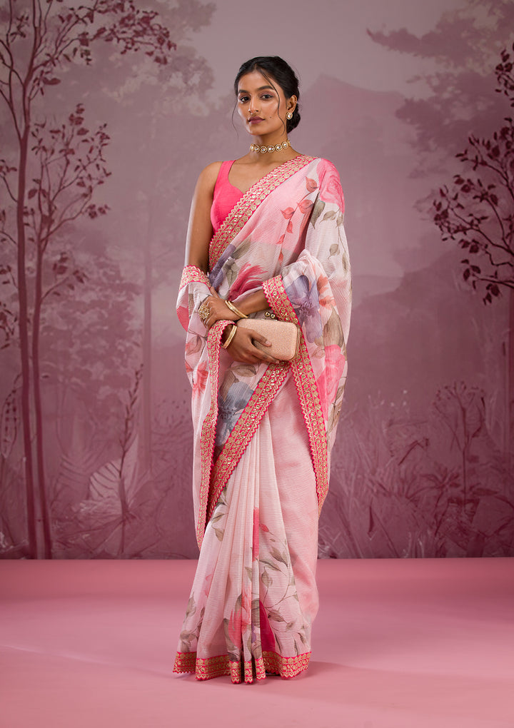 Cream Printed Georgette Saree
