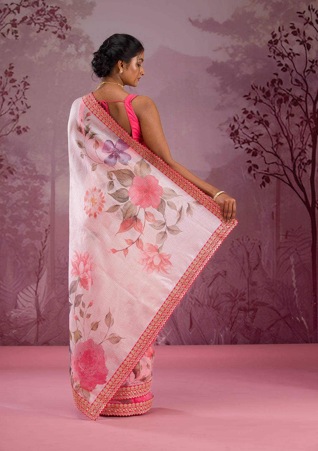 Cream Printed Georgette Saree