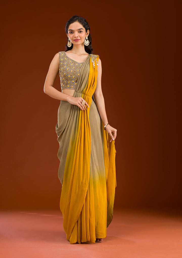 Beige Semi Crepe Ombre Cutdana Saree With Matching Blouse Piece