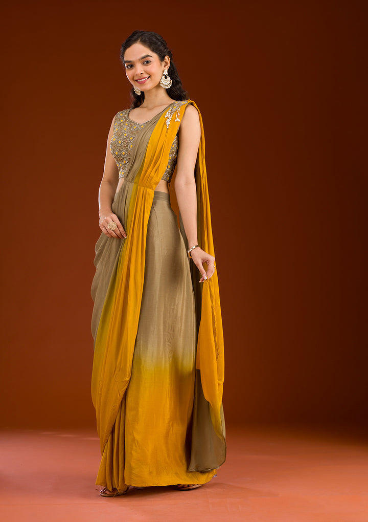 Beige Semi Crepe Ombre Cutdana Saree With Matching Blouse Piece