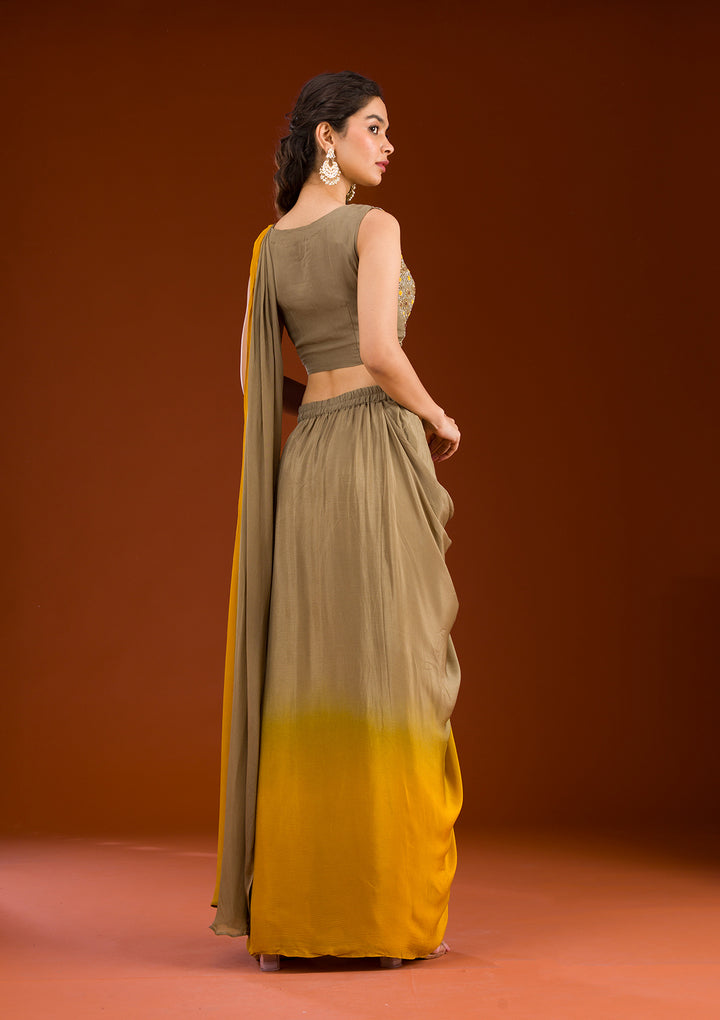 Beige Semi Crepe Ombre Cutdana Saree With Matching Blouse Piece