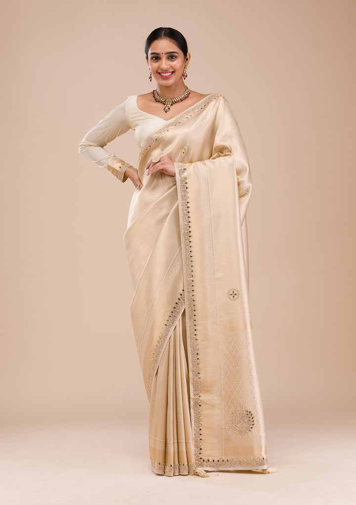 Beige Silk Jaal Gold Stonework Saree With Matching Blouse Piece