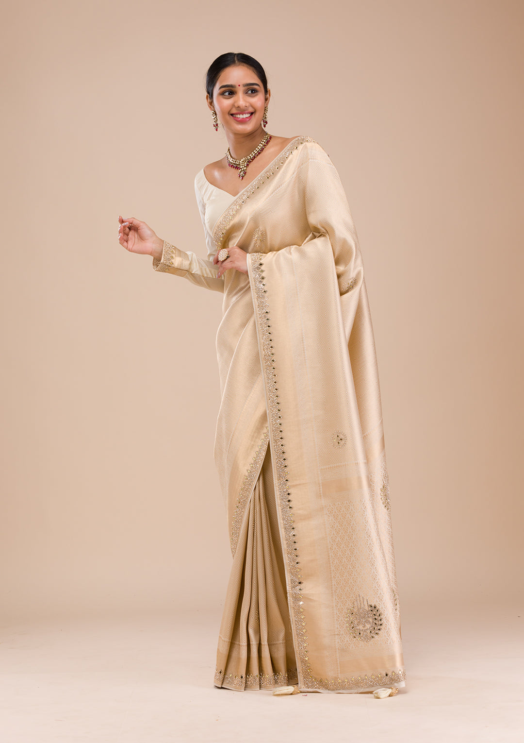Beige Silk Jaal Gold Stonework Saree With Matching Blouse Piece