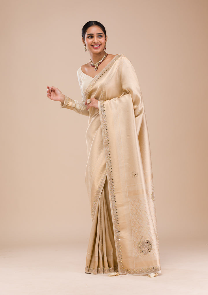 Beige Silk Jaal Gold Stonework Saree With Matching Blouse Piece