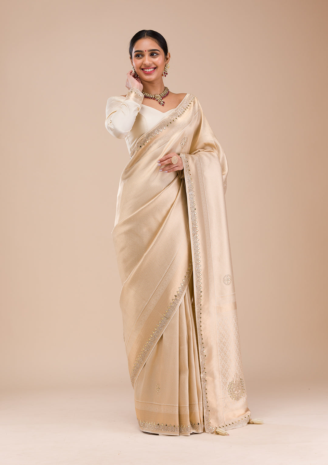 Beige Silk Jaal Gold Stonework Saree With Matching Blouse Piece