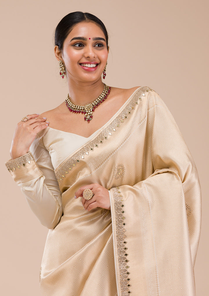 Beige Silk Jaal Gold Stonework Saree With Matching Blouse Piece