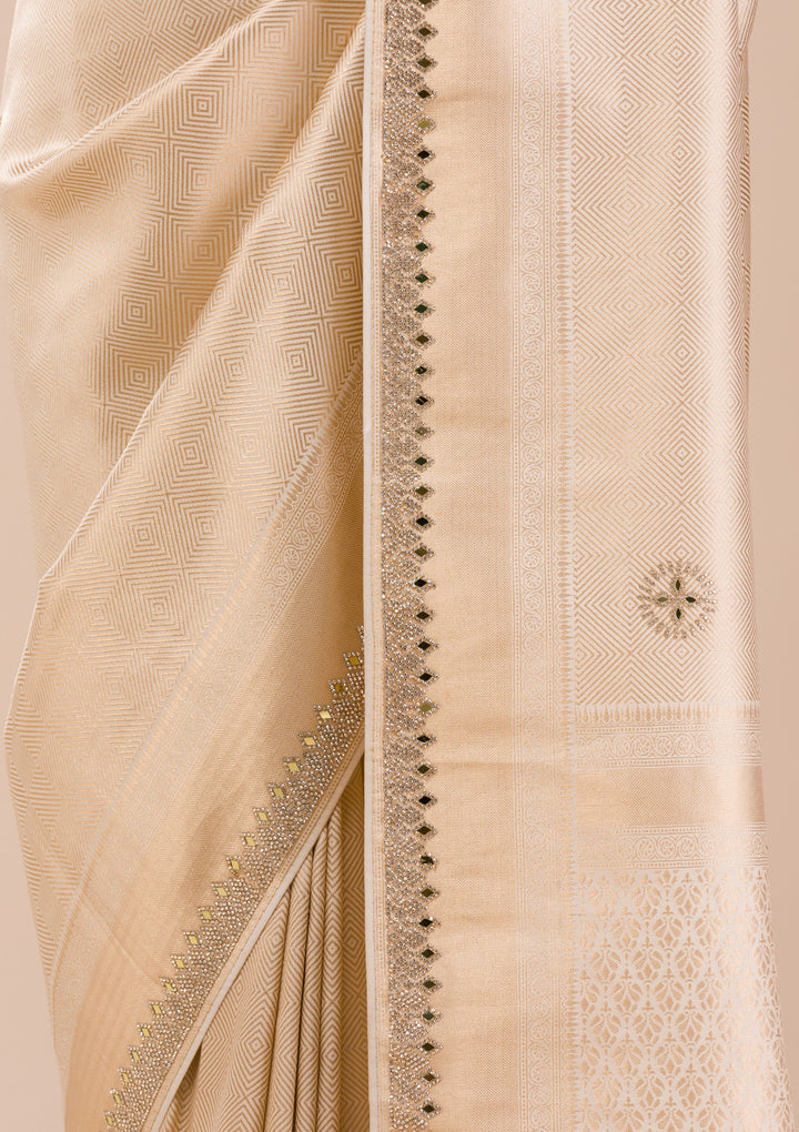 Beige Silk Jaal Gold Stonework Saree With Matching Blouse Piece