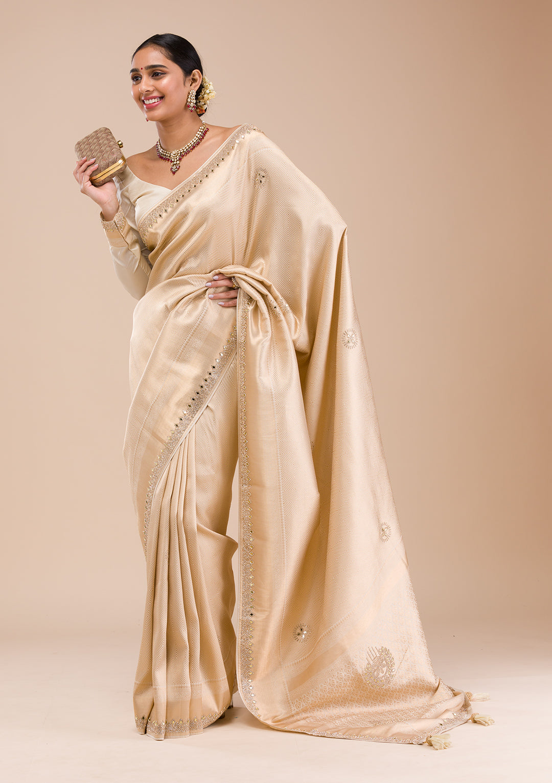 Beige Silk Jaal Gold Stonework Saree With Matching Blouse Piece