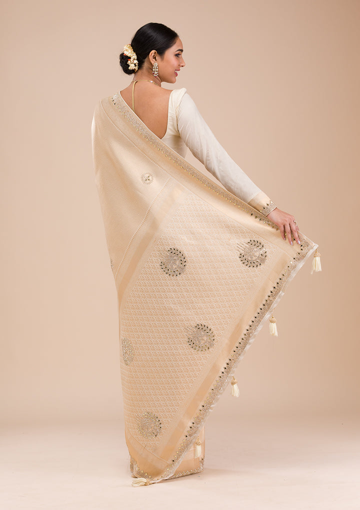 Beige Silk Jaal Gold Stonework Saree With Matching Blouse Piece