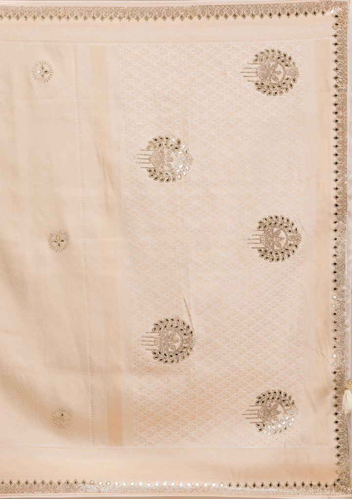 Beige Silk Jaal Gold Stonework Saree With Matching Blouse Piece