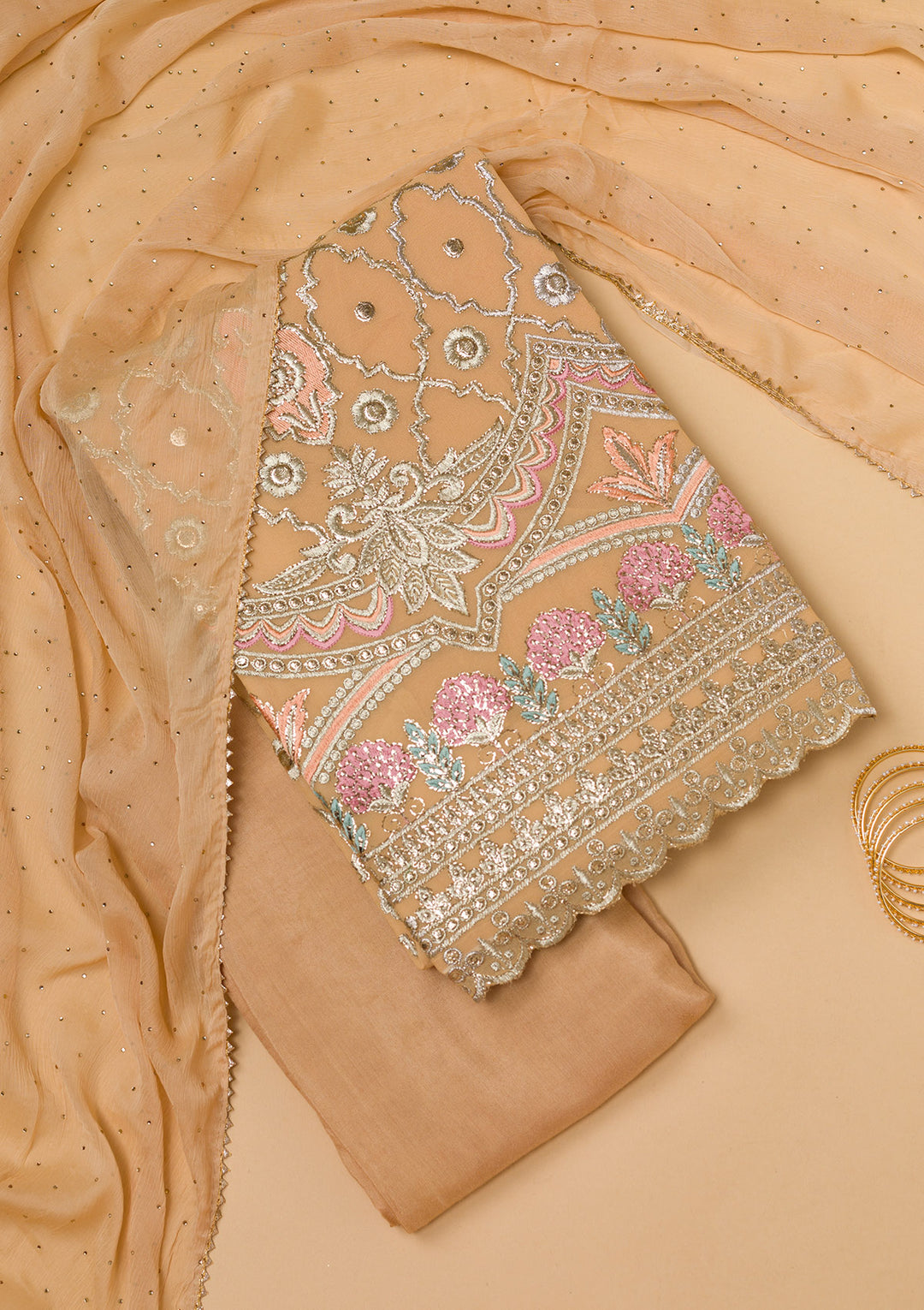 Lemon Yellow Georgette Gold Zariwork Unstitched Dress Material With Matching Bottom And Dupatta
