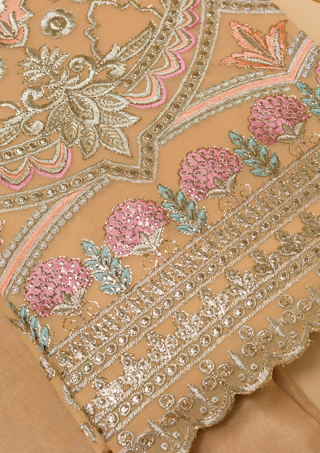 Lemon Yellow Georgette Gold Zariwork Unstitched Dress Material With Matching Bottom And Dupatta