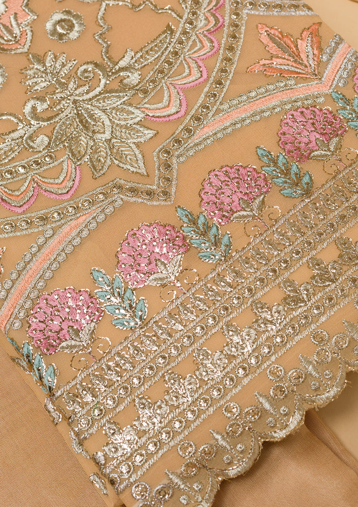 Lemon Yellow Georgette Gold Zariwork Unstitched Dress Material With Matching Bottom And Dupatta