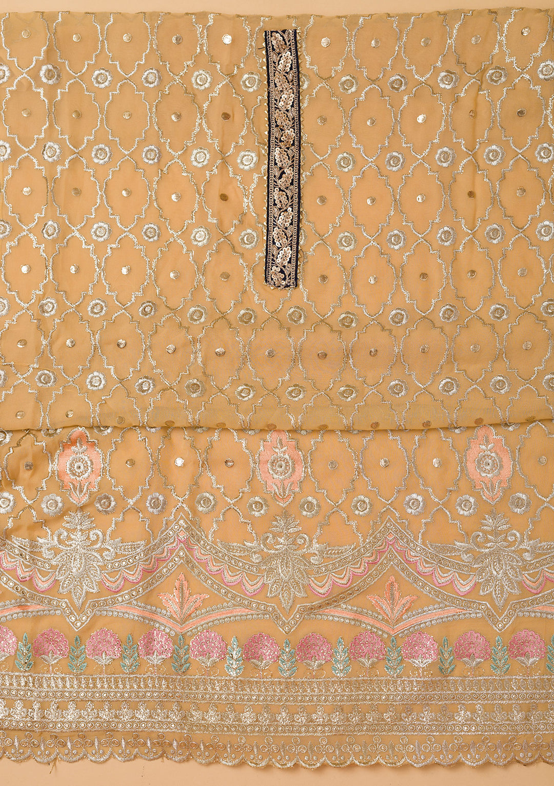 Lemon Yellow Georgette Gold Zariwork Unstitched Dress Material With Matching Bottom And Dupatta