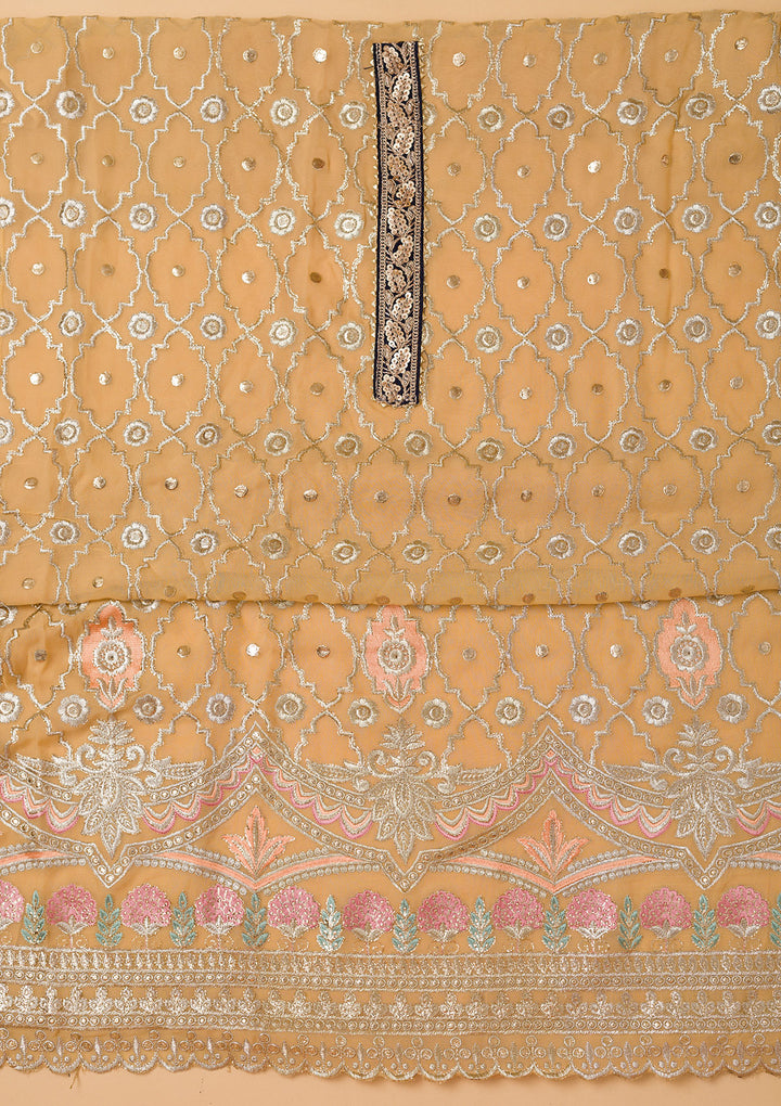 Lemon Yellow Georgette Gold Zariwork Unstitched Dress Material With Matching Bottom And Dupatta
