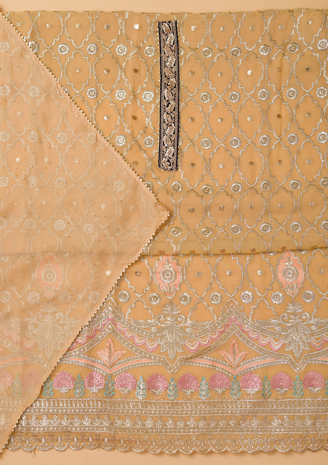 Lemon Yellow Georgette Gold Zariwork Unstitched Dress Material With Matching Bottom And Dupatta