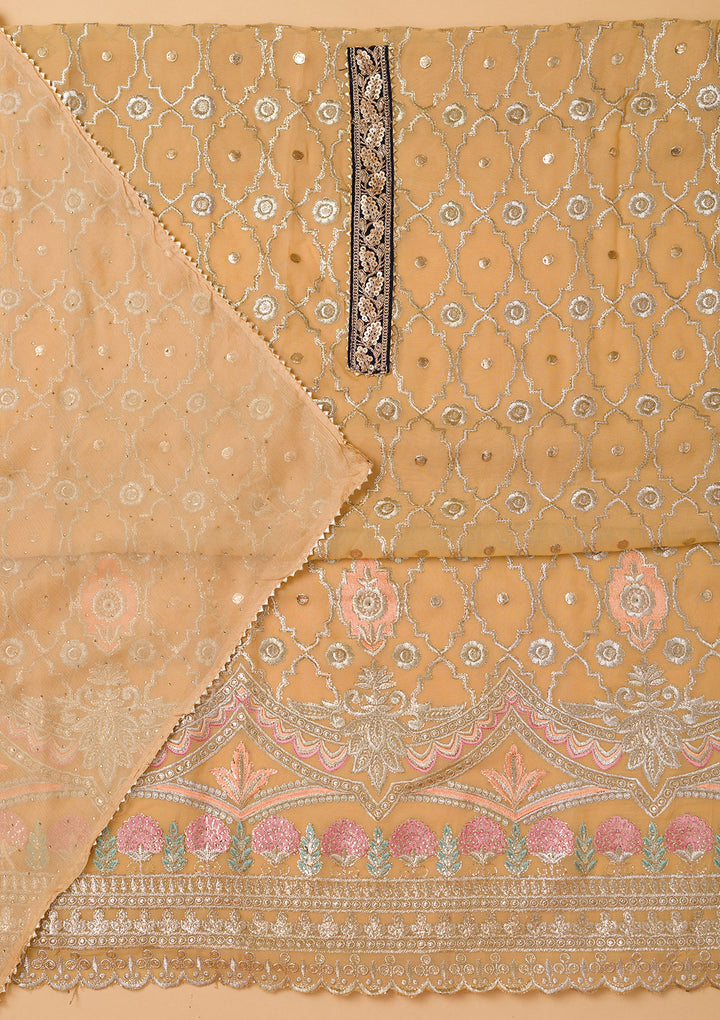 Lemon Yellow Georgette Gold Zariwork Unstitched Dress Material With Matching Bottom And Dupatta
