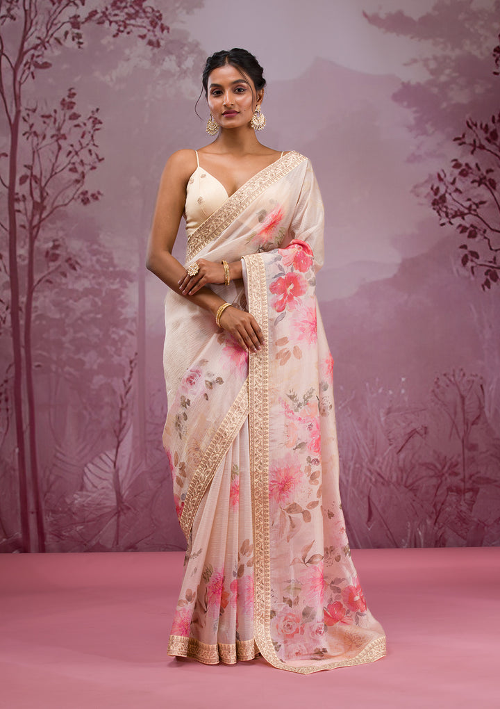 Beige Georgette Floral Saree With Matching Blouse Piece