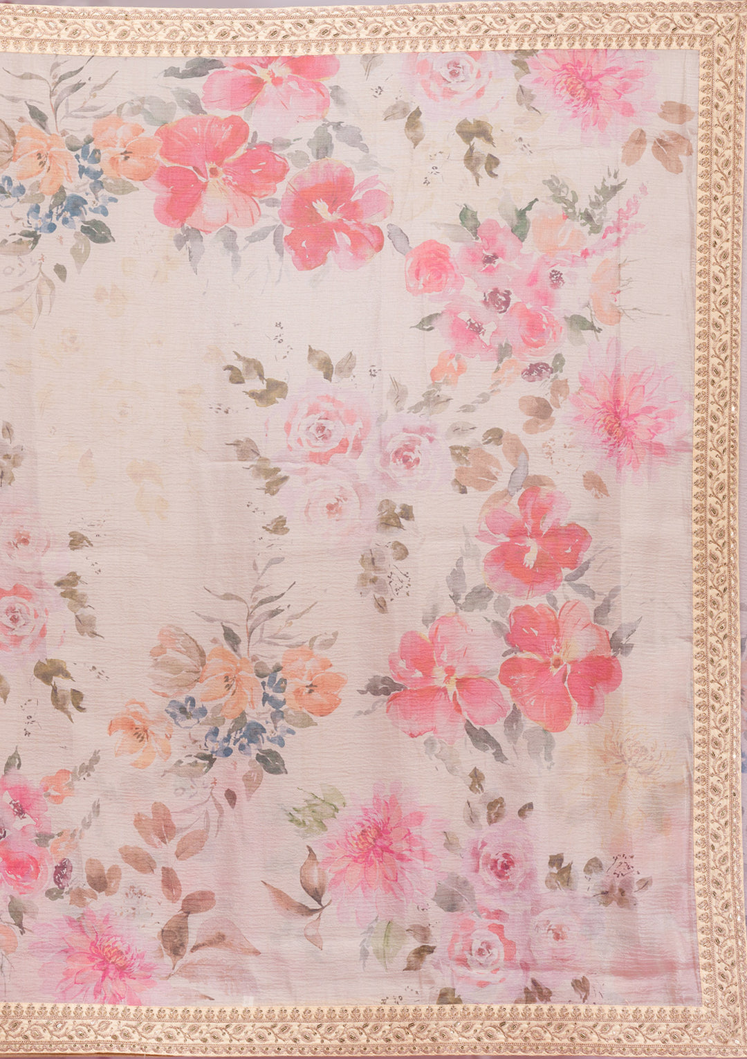 Beige Georgette Floral Saree With Matching Blouse Piece