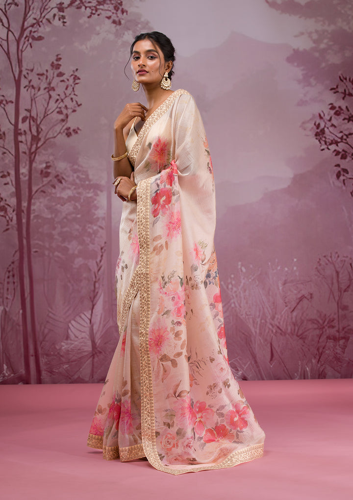 Beige Georgette Floral Saree With Matching Blouse Piece