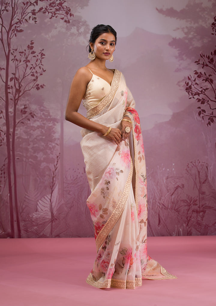 Beige Georgette Floral Saree With Matching Blouse Piece