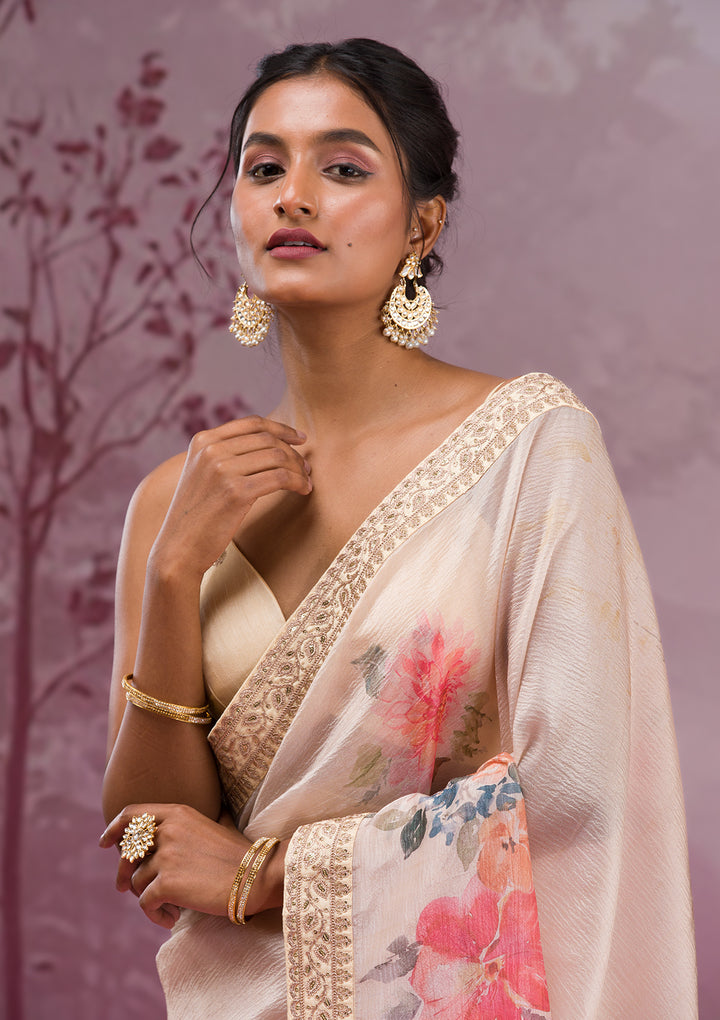 Beige Georgette Floral Saree With Matching Blouse Piece