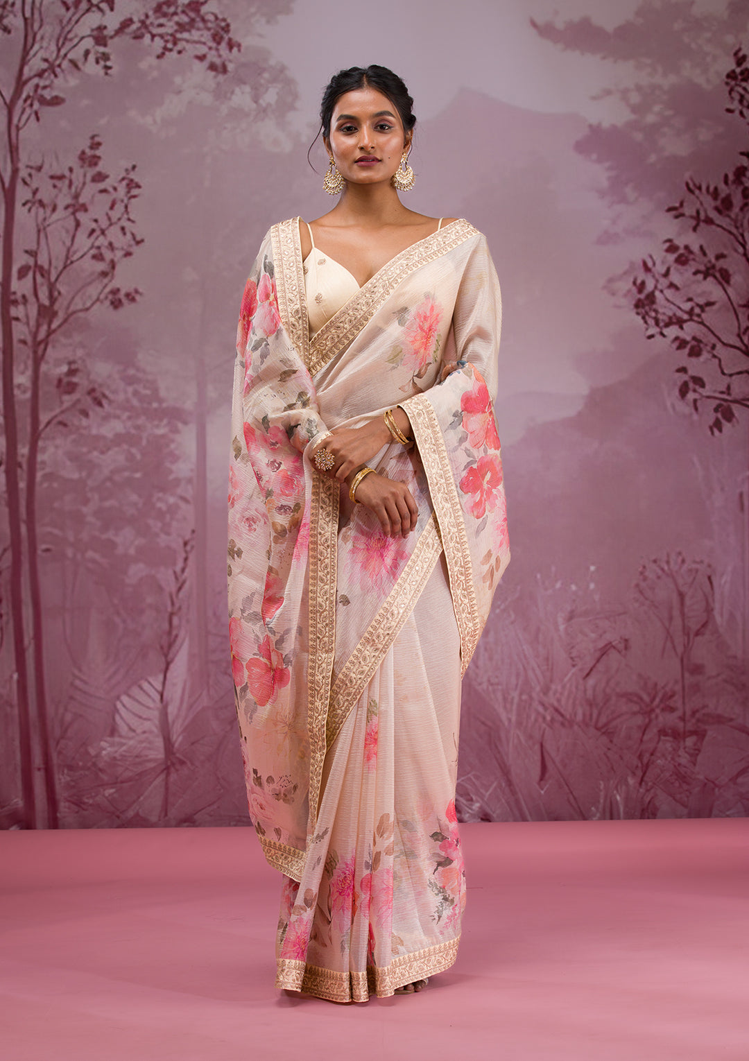 Beige Georgette Floral Saree With Matching Blouse Piece
