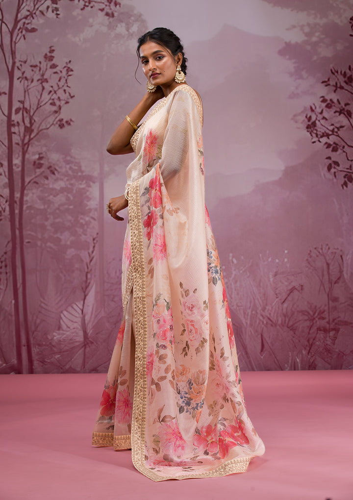 Beige Georgette Floral Saree With Matching Blouse Piece
