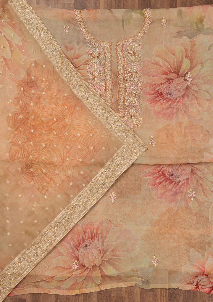 Beige Tissue Floral Silver Zariwork Unstitched Dress Material With Matching Bottom And Dupatta