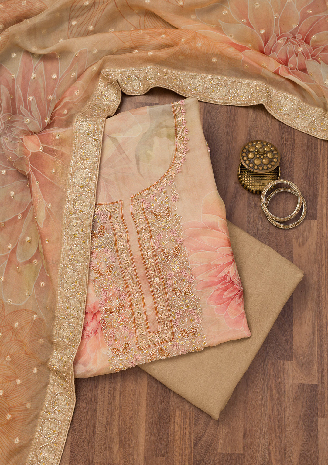 Beige Tissue Floral Silver Zariwork Unstitched Dress Material With Matching Bottom And Dupatta