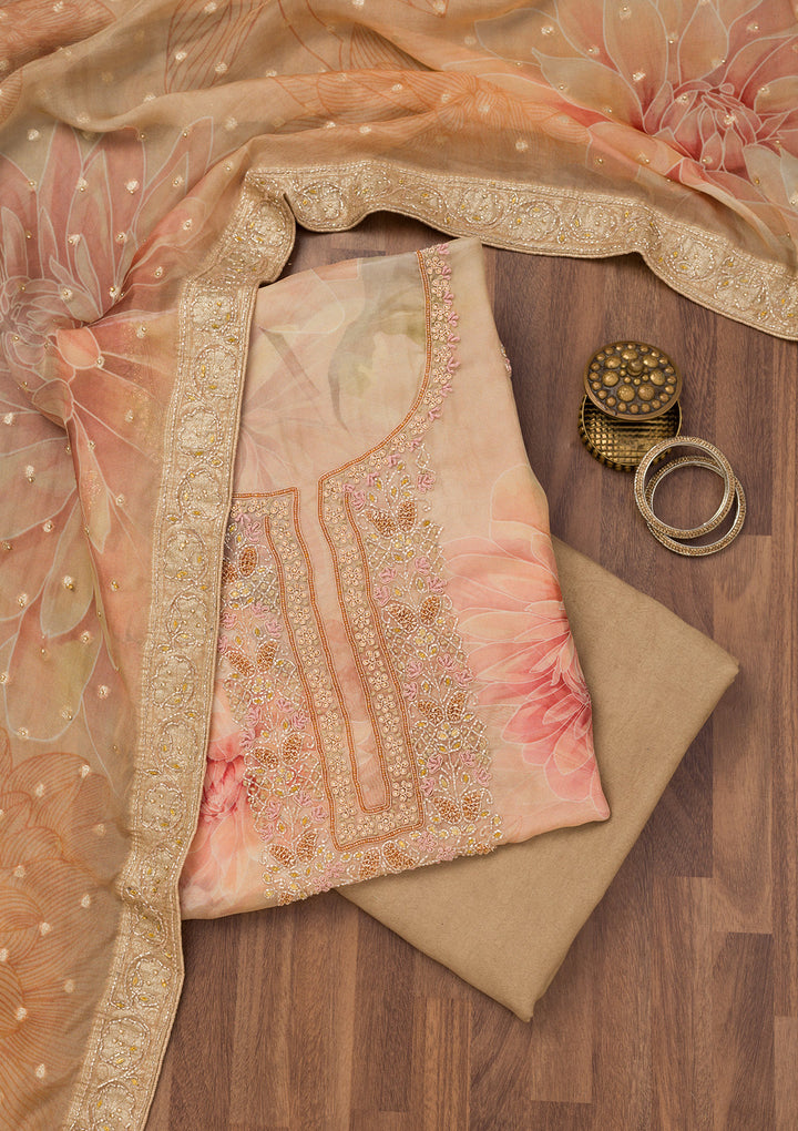 Beige Tissue Floral Silver Zariwork Unstitched Dress Material With Matching Bottom And Dupatta