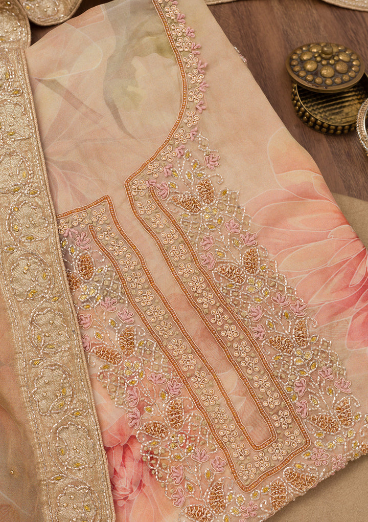 Beige Tissue Floral Silver Zariwork Unstitched Dress Material With Matching Bottom And Dupatta