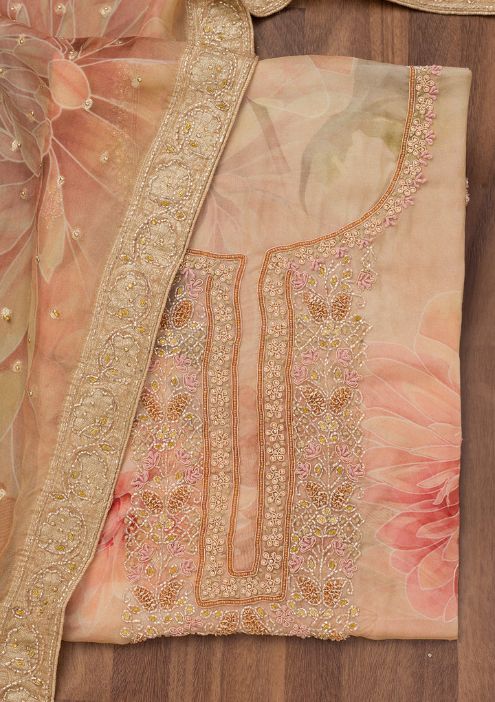 Beige Tissue Floral Silver Zariwork Unstitched Dress Material With Matching Bottom And Dupatta