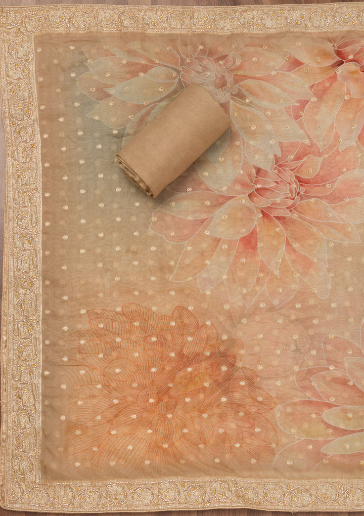 Beige Tissue Floral Silver Zariwork Unstitched Dress Material With Matching Bottom And Dupatta