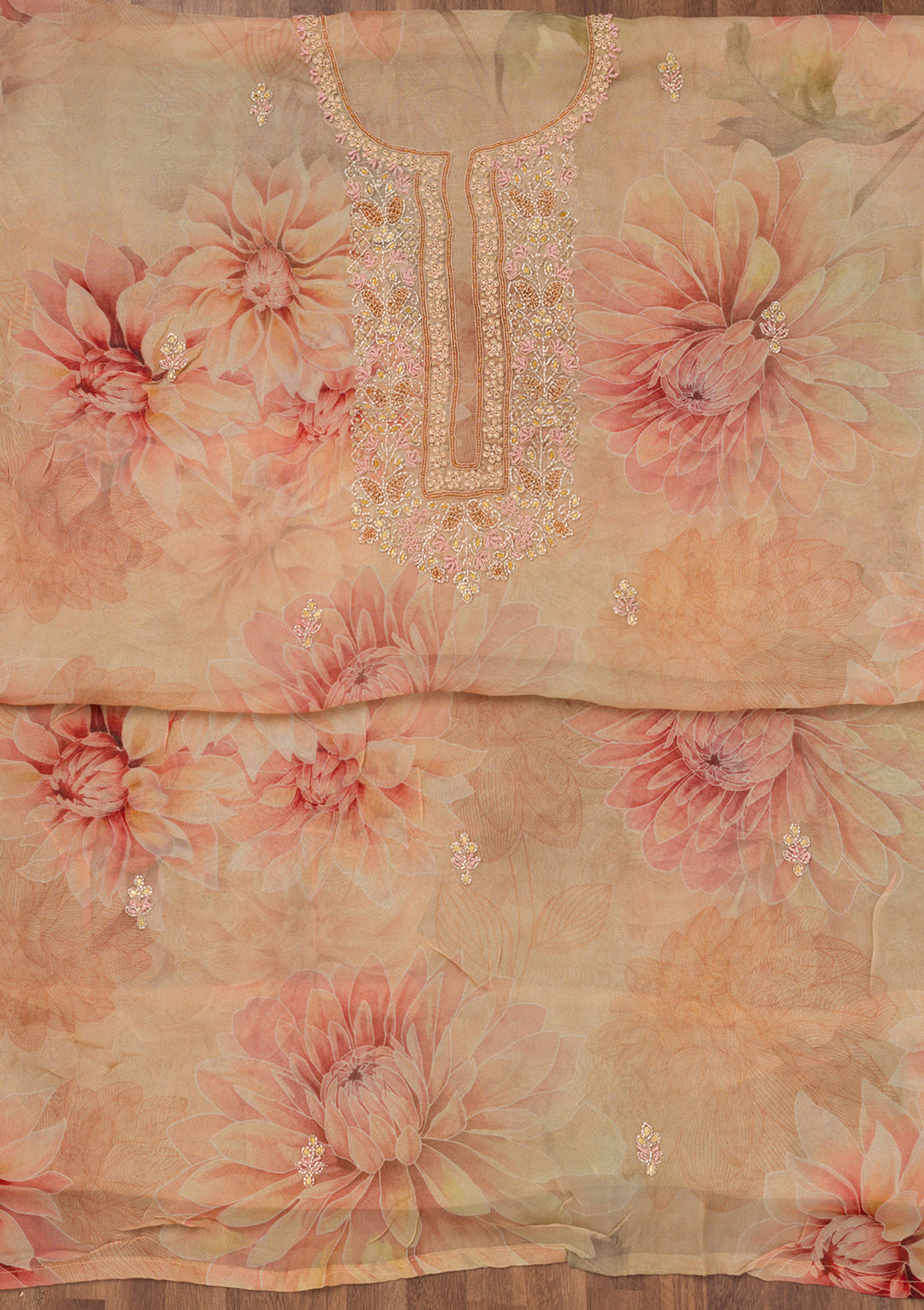 Beige Tissue Floral Silver Zariwork Unstitched Dress Material With Matching Bottom And Dupatta